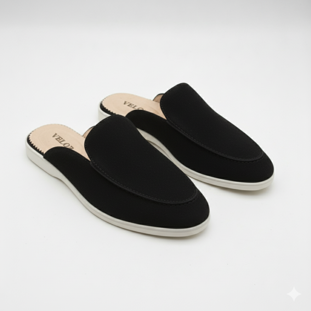 Mules élégantes noires en tissu avec semelle blanche