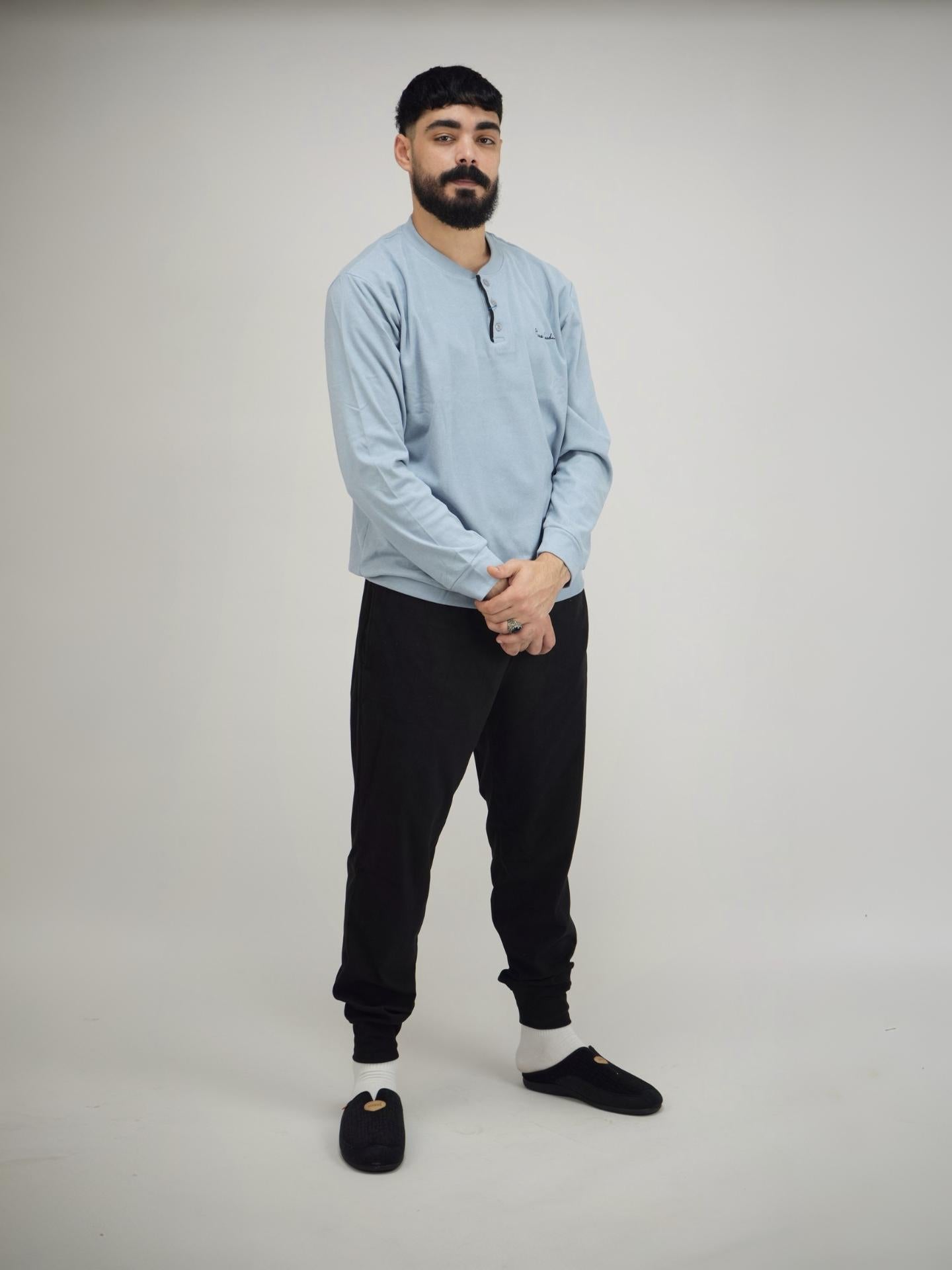 Pyjama Homme Confort – Haut à Col Boutonné & Pantalon Long