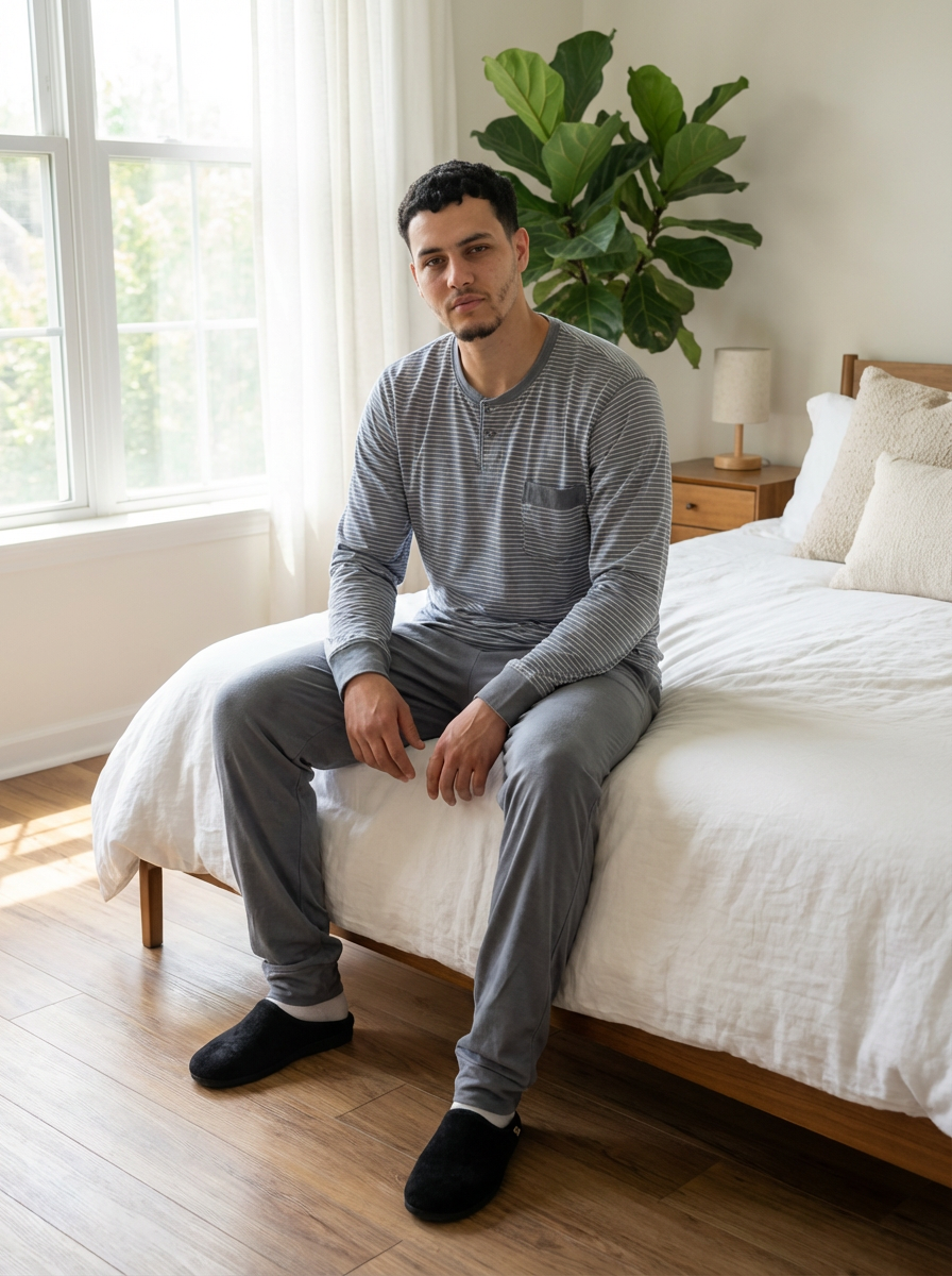 Homme portant un pyjama confortable gris, tenue d’intérieur élégante pour la maison, style moderne et décontracté, idéal pour le quotidien au Maroc
