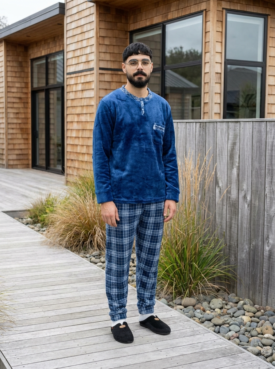 Pyjama Homme Hiver Velours Bleu Marine & Carreaux – (KF 46)