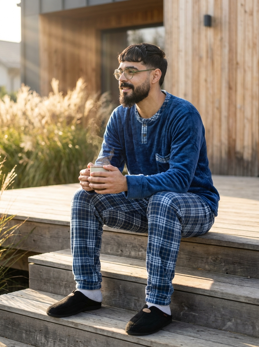 Pyjama Homme Hiver Velours Bleu Marine & Carreaux – (KF 46)