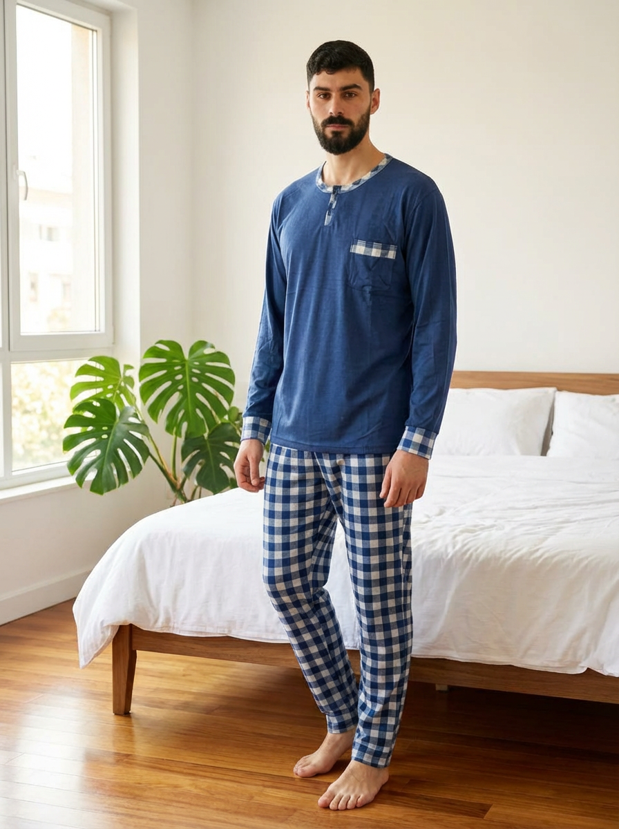 Pyjama en coton doux Bombas — bleu marine et carreaux blancs — idéal pour l’hiver.