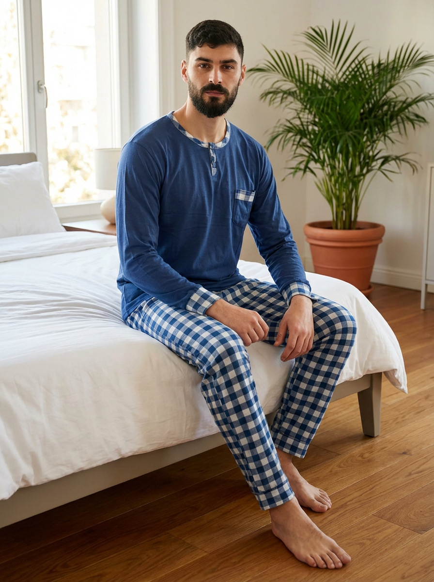 Pyjama en coton doux Bombas — bleu marine et carreaux blancs — idéal pour l’hiver.