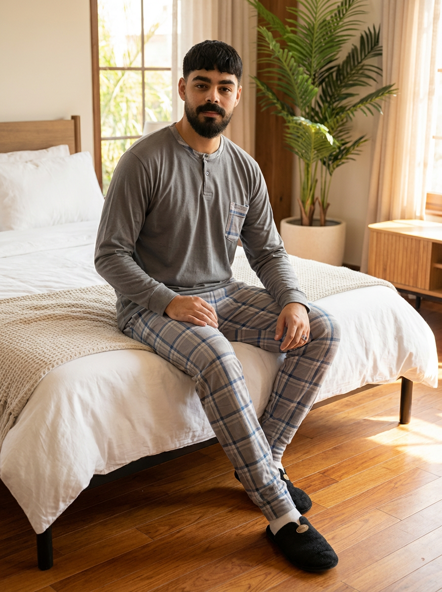 Pyjama Homme Velours Gris & Carreaux – Printemps (KF36)