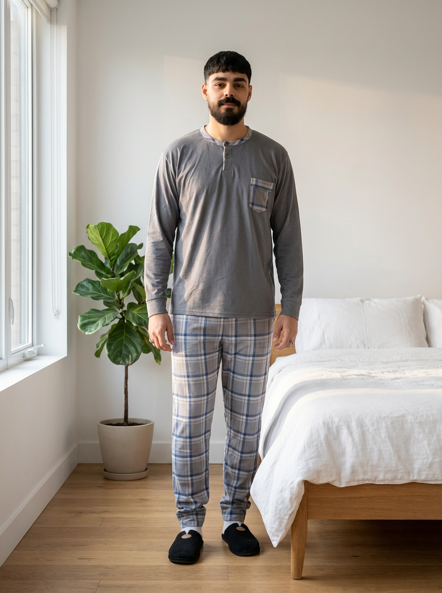 Pyjama Homme Velours Gris & Carreaux – Printemps (KF36)