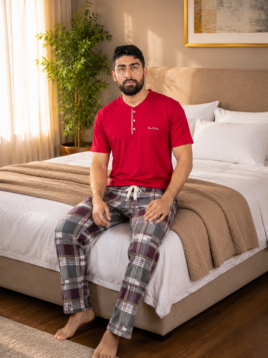 Pyjama Homme Rouge Intense & Carreaux Bordeaux Gris