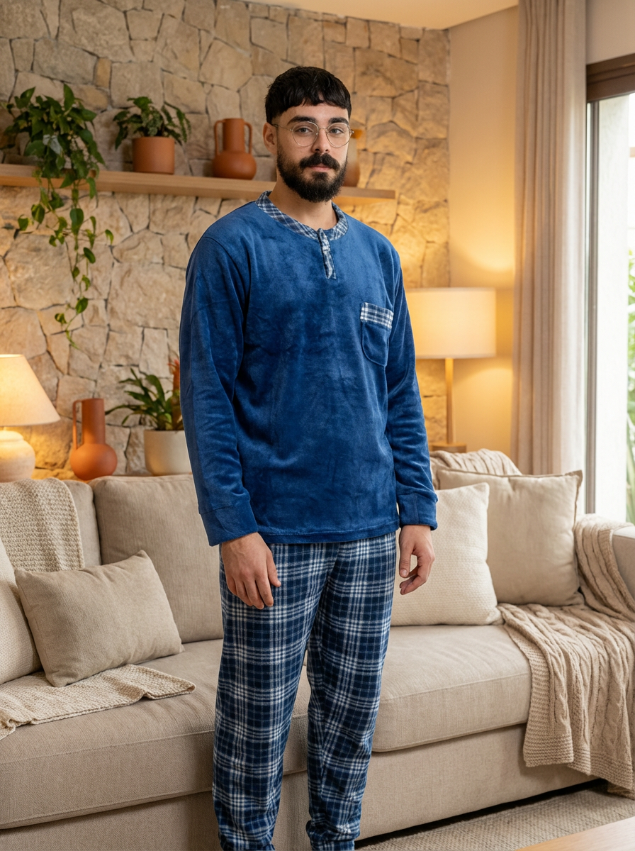 Pyjama Bombas Espagne — modèle satiné velours bleu et pantalon à carreaux blanc/bleu.