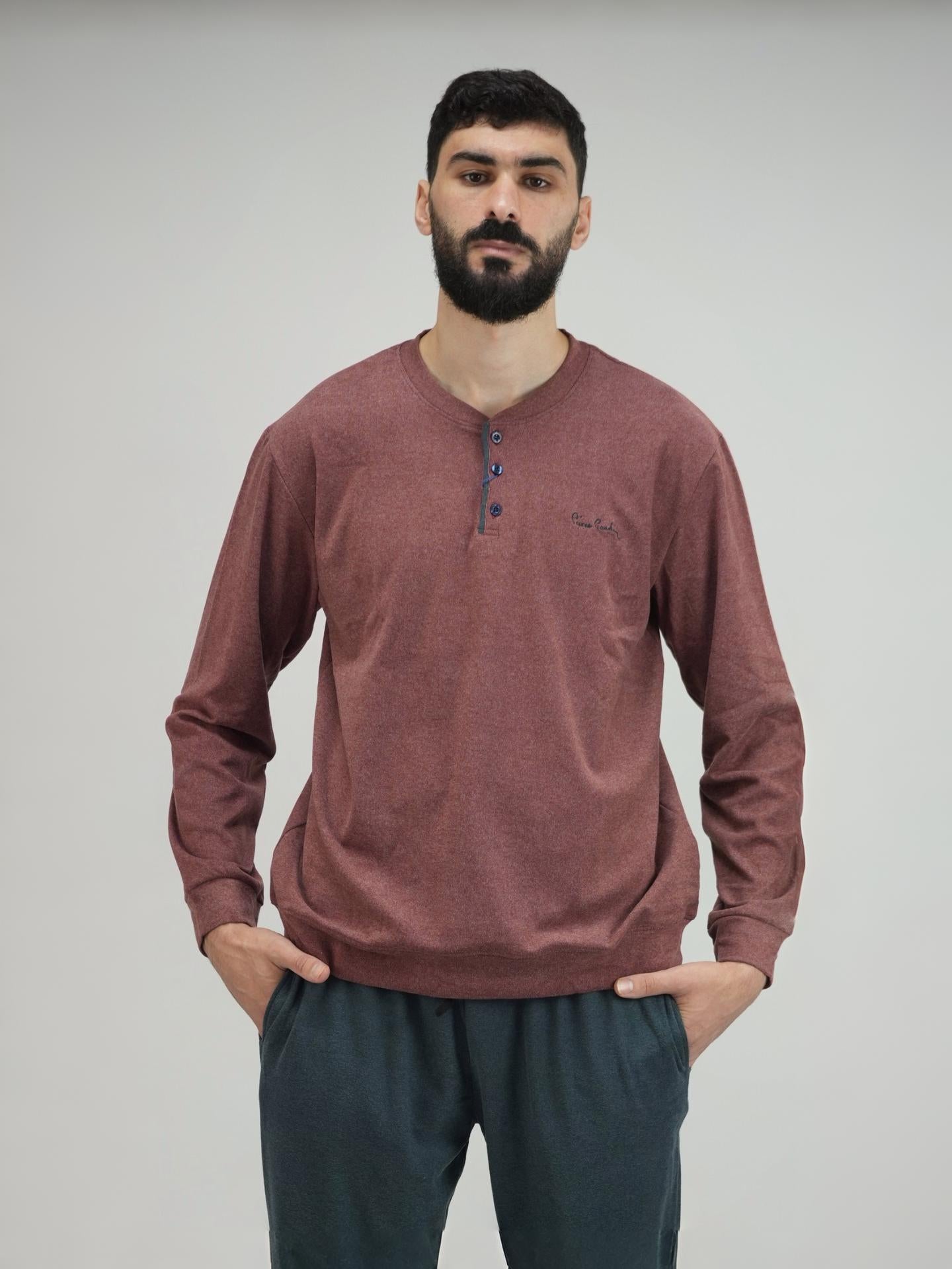 Pyjama Homme Confort – Haut à Col Boutonné & Pantalon Long