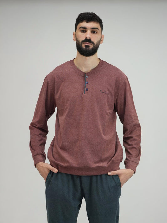 Pyjama Homme Confort – Haut à Col Boutonné & Pantalon Long