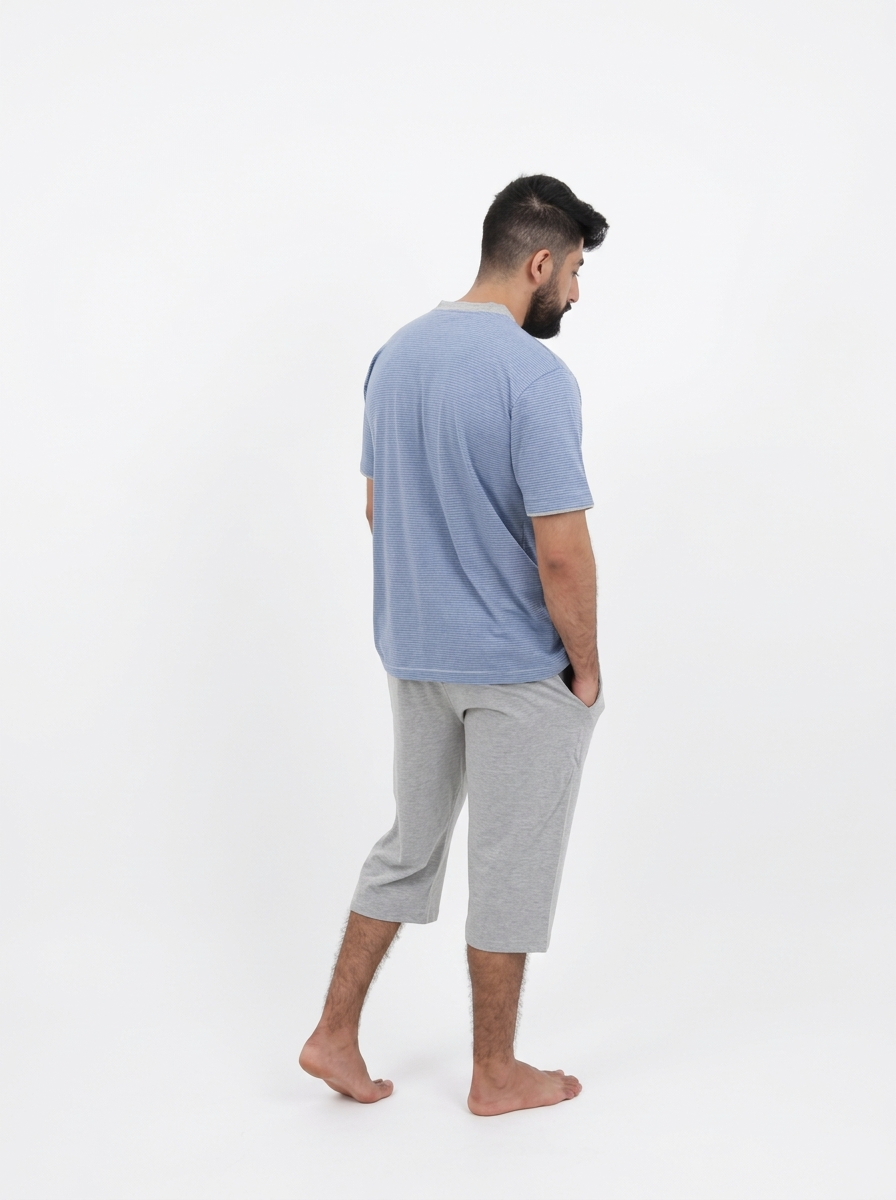 Pyjama Pantacourt Homme Bleu Ciel Rayé
