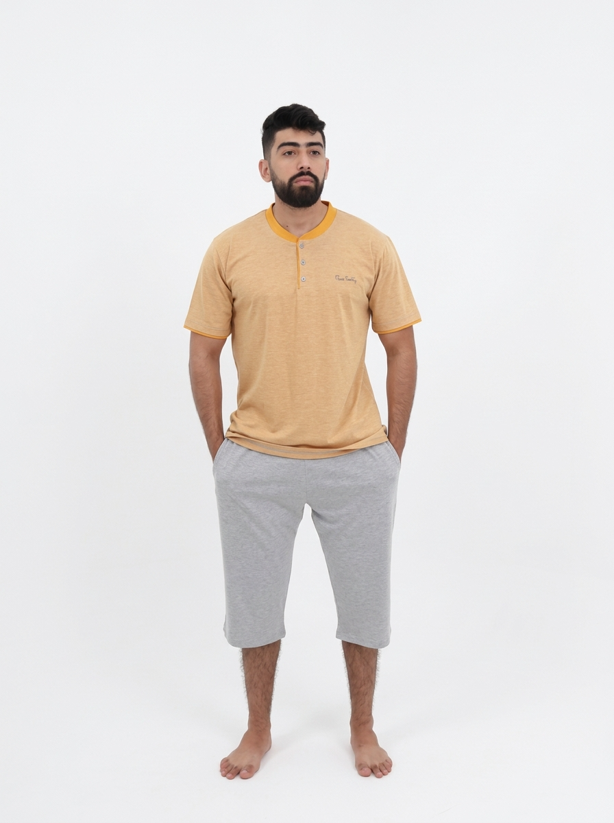 Pyjama Pantacourt Homme Moutarde & Gris Clair