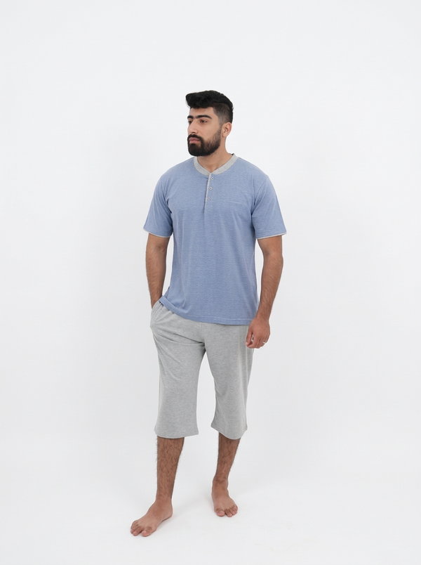 Pyjama Pantacourt Homme Bleu Ciel Rayé