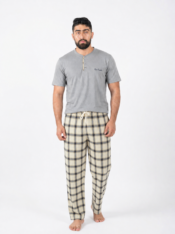 Pyjama Homme Gris Clair & Carreaux Beige Crème