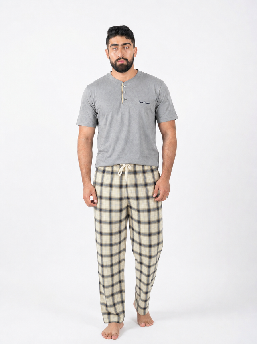 Pyjama Homme Gris Clair & Carreaux Beige Crème