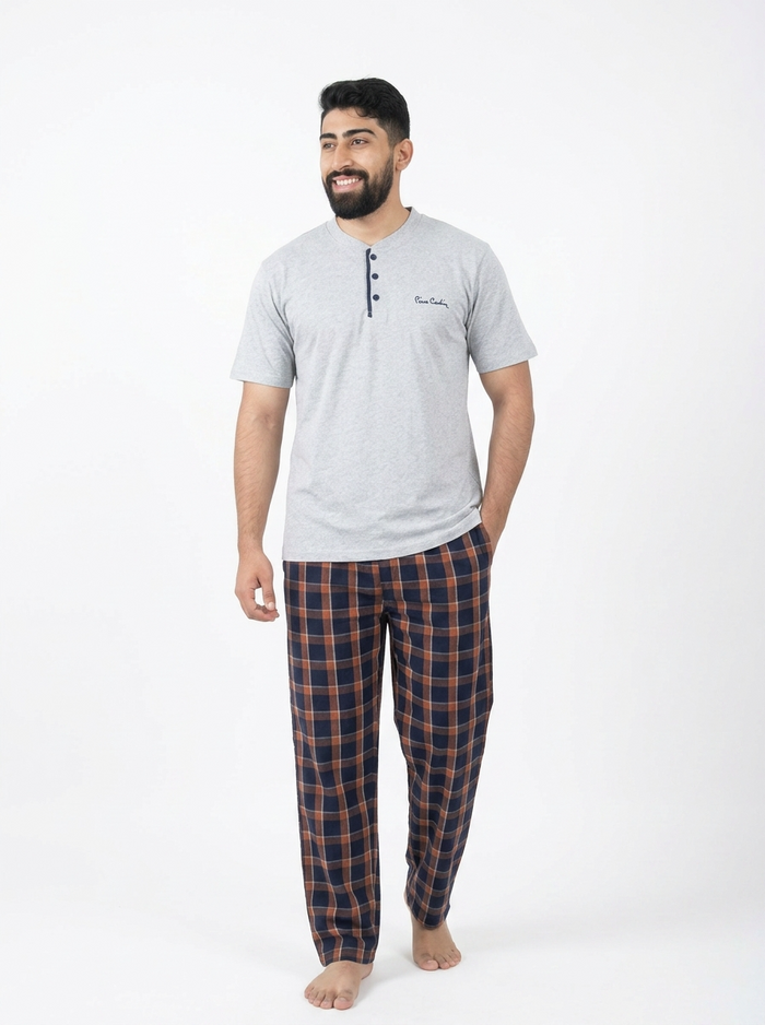 Pyjama Homme Gris Clair à Carreaux Bleu – Confort et Style