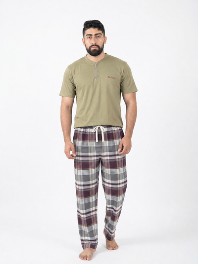Pyjama Homme Vert Olive & Carreaux Bordeaux Gris