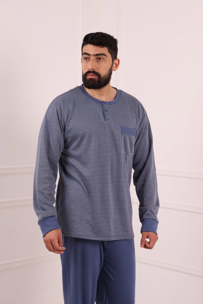 Pyjama Homme Hiver Bleu Foncé Rayé – Coton Premium (KF 48)