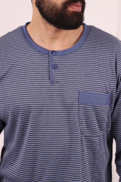Pyjama Homme Hiver Bleu Foncé Rayé – Coton Premium (KF 48)