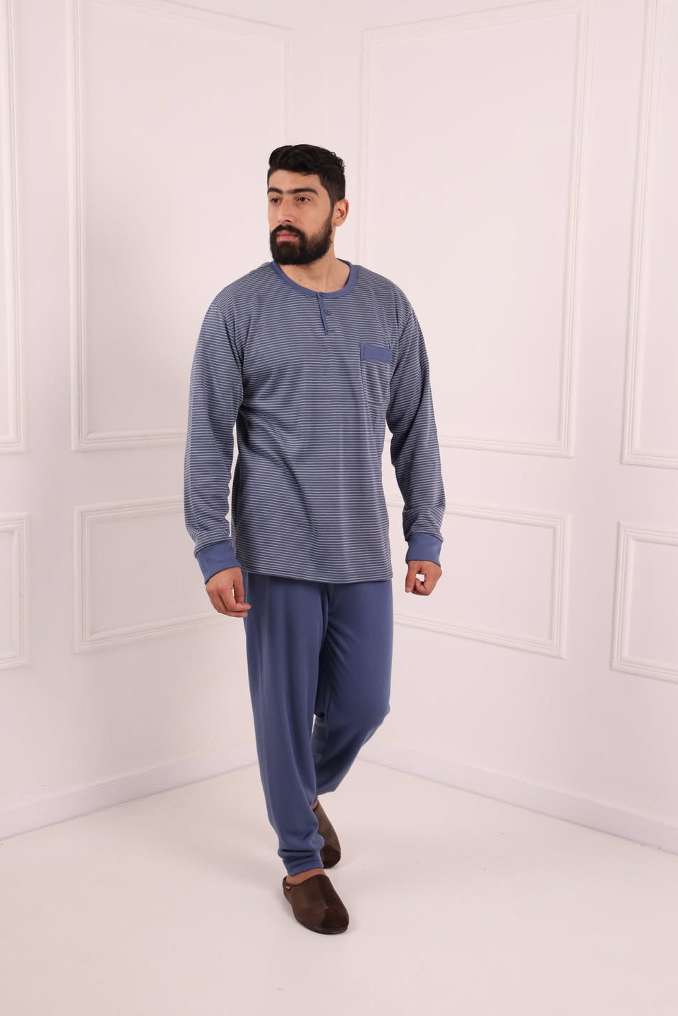 Pyjama Homme Hiver Bleu Foncé Rayé – Coton Premium (KF 48)