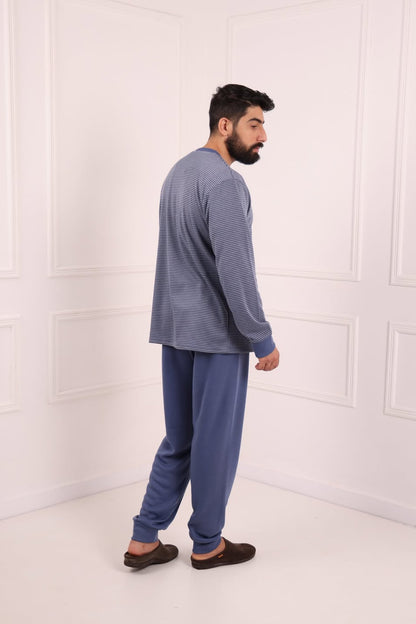 Pyjama Homme Hiver Bleu Foncé Rayé – Coton Premium (KF 48)