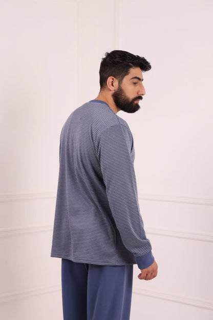 Pyjama Homme Hiver Bleu Foncé Rayé – Coton Premium (KF 48)