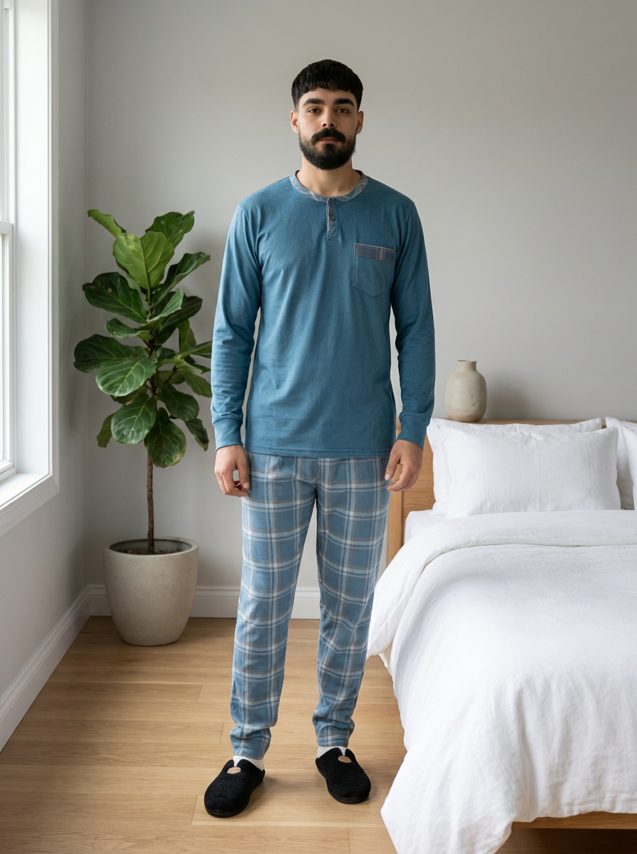 Pyjama Homme Hiver Velours Bleu Pétrole & Carreaux – (KF 36)