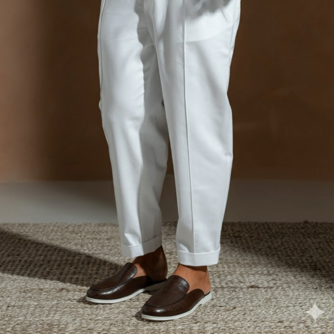 Mule en cuir marron crocodile portée avec pantalon blanc – élégance et confort