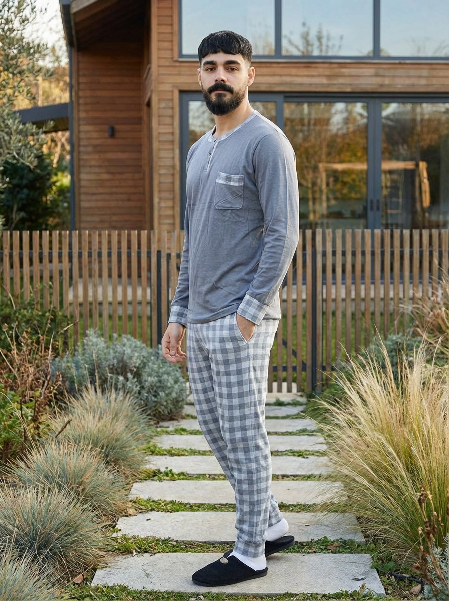 Pyjama Homme Gris Clair Carreaux – Printemps (KF34)