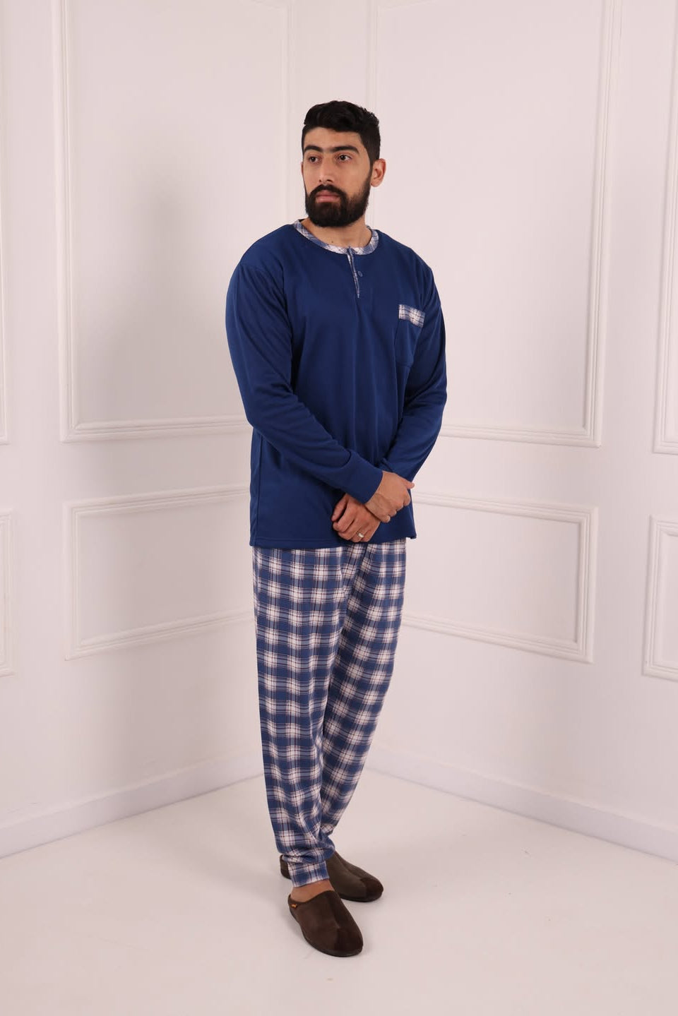 Pyjama homme hiver bleu marine et carreaux confort Maroc