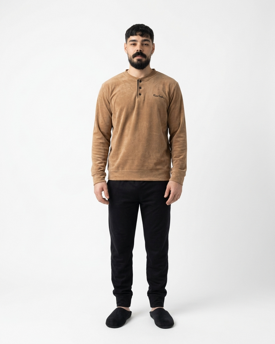 Ensemble Pyjama Homme Coton Chaud – Beige Camel & Noir