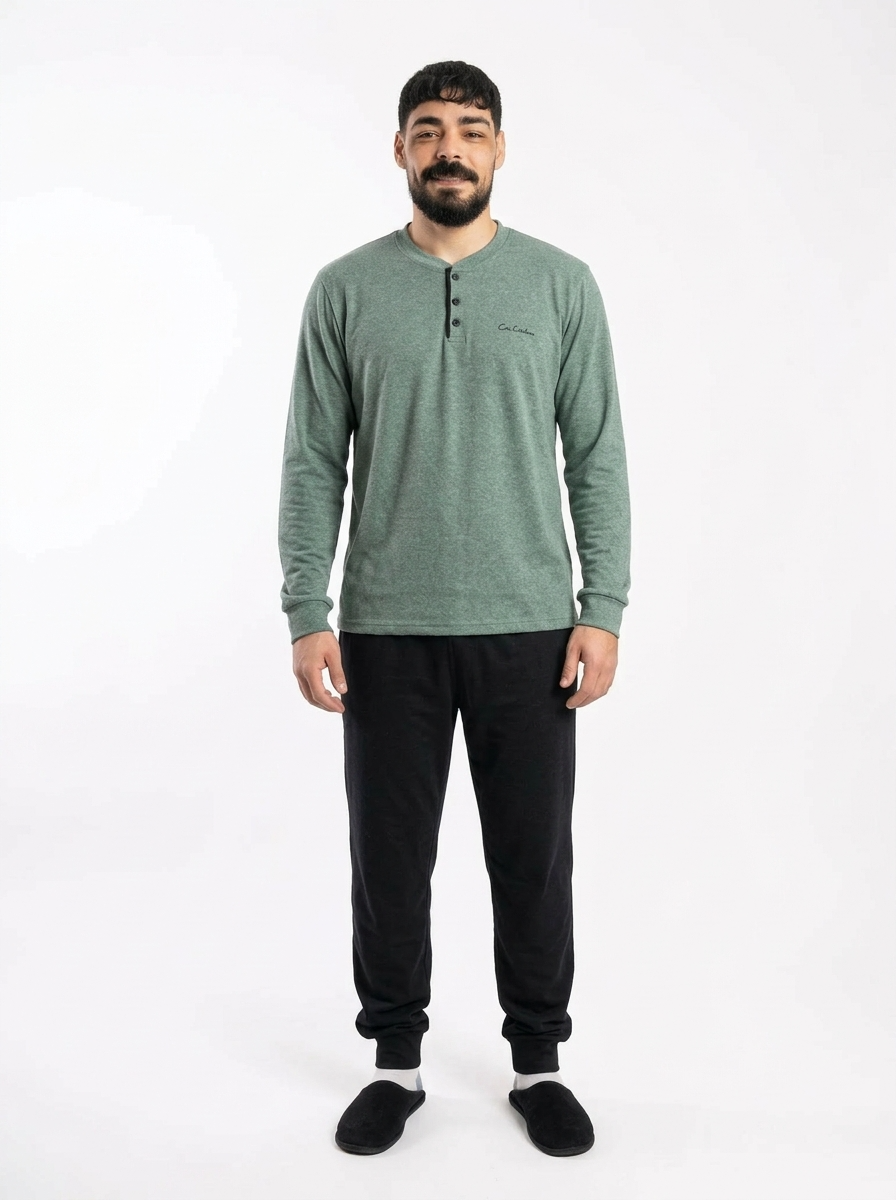 Pyjama Homme Vert Foncé & Noir – Texture Épaisse