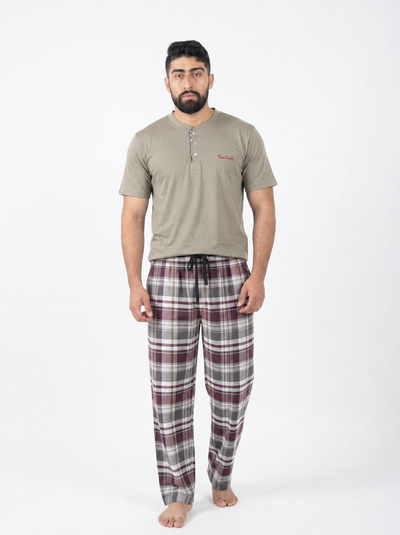 Pyjama Homme Kaki Clair & Carreaux bordeaux