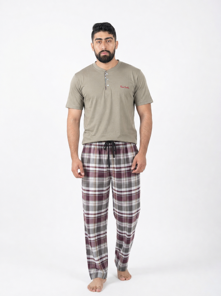 Pyjama Homme Kaki Clair & Carreaux bordeaux