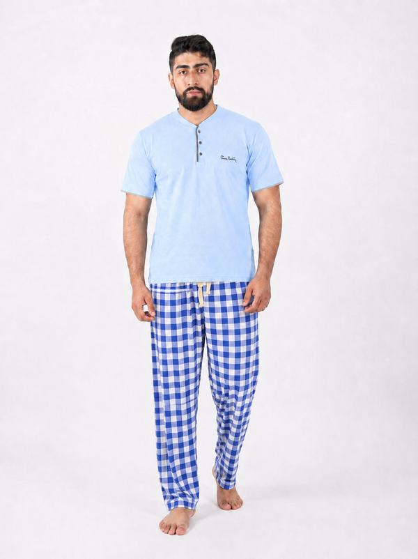 Pyjama Homme Bleu Ciel & Carreaux Bleu Royal