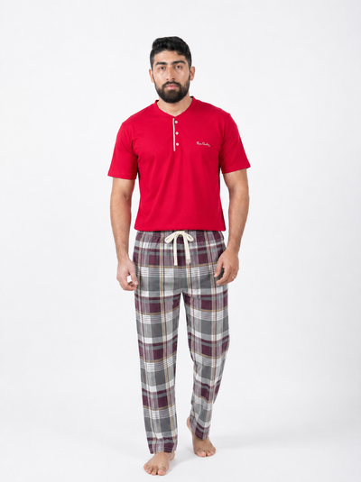 Pyjama Homme Rouge Intense & Carreaux Bordeaux Gris