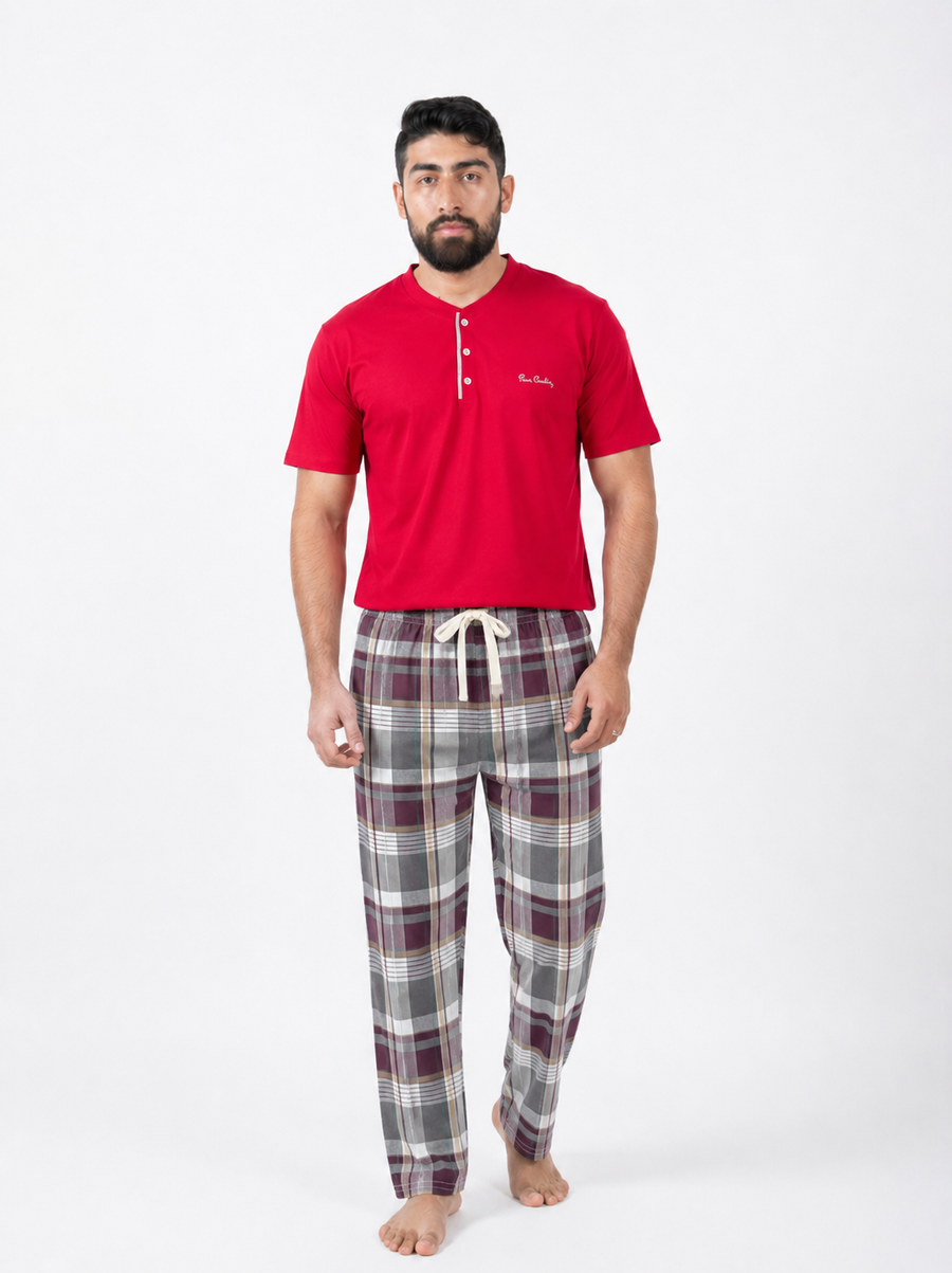 Pyjama Homme Rouge Intense & Carreaux Bordeaux Gris