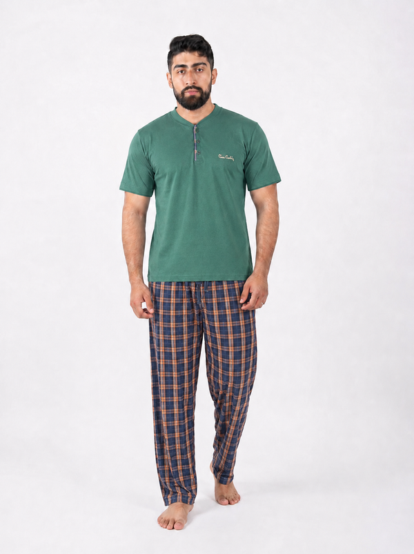 Pyjama Homme Vert Sapin & Carreaux Bleu Marine