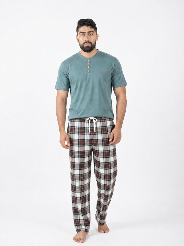 Pyjama Homme – Vert Sauge & Carreaux Bordeaux