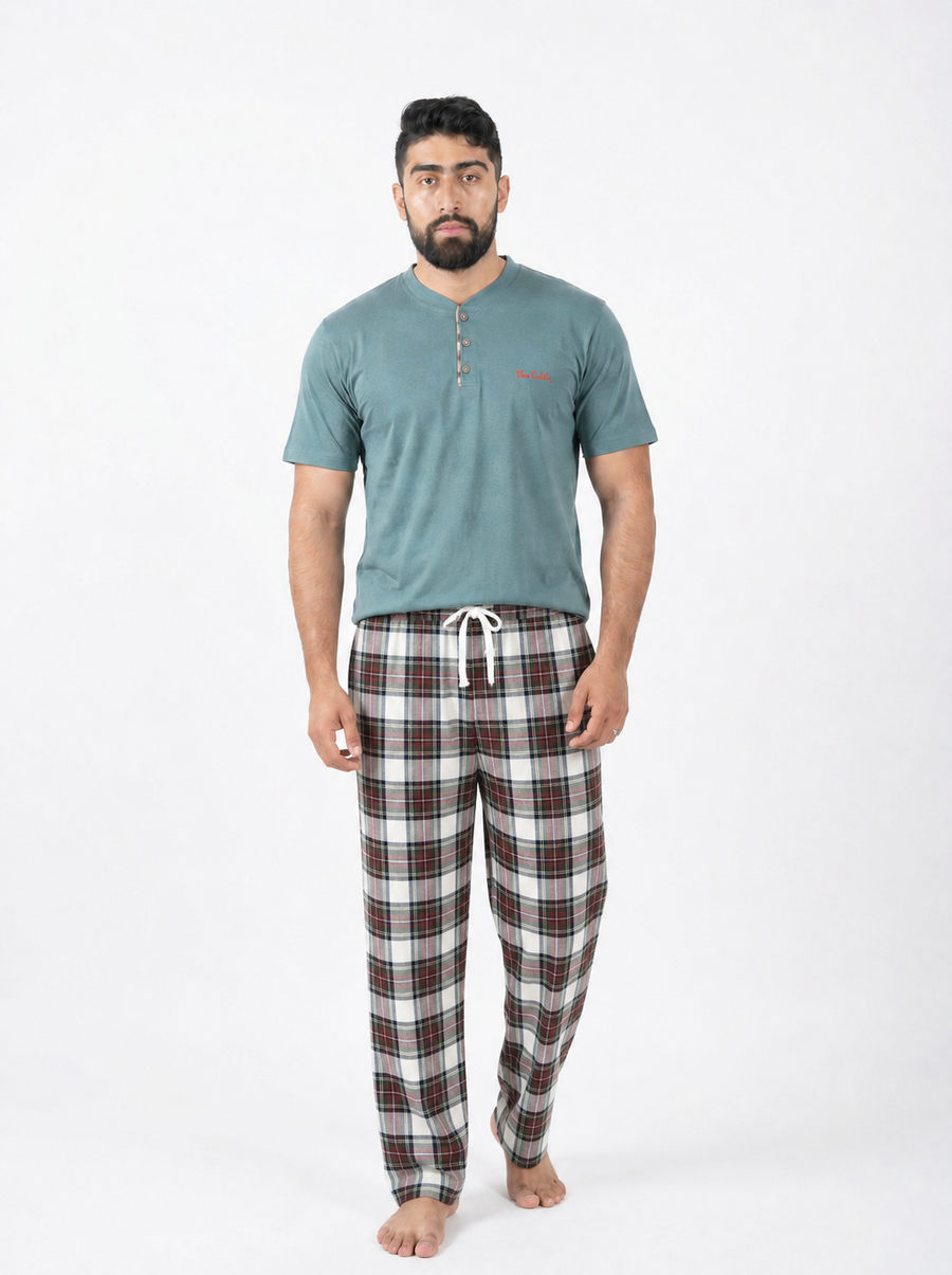 Pyjama Homme – Vert Sauge & Carreaux Bordeaux