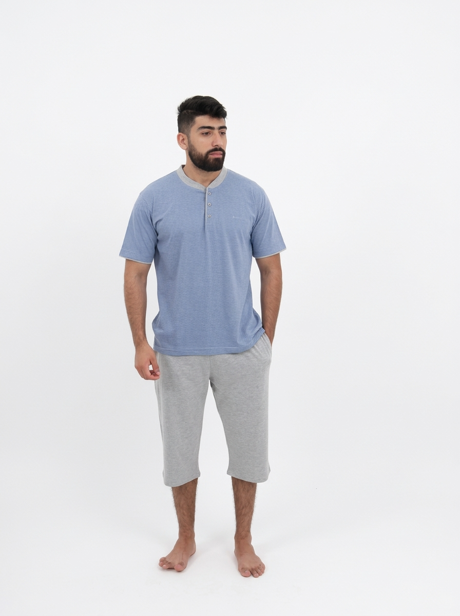 Pyjama Pantacourt Homme Bleu Ciel Rayé