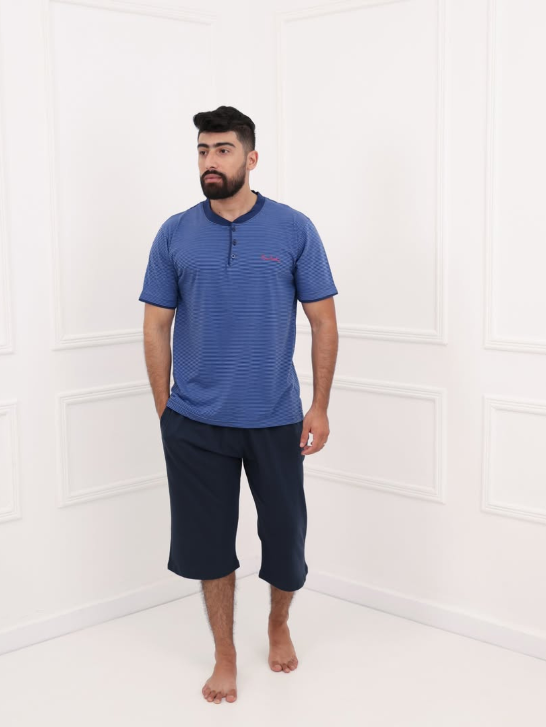 Pyjama homme bleu foncé manches courtes – Tenue maison confortable
