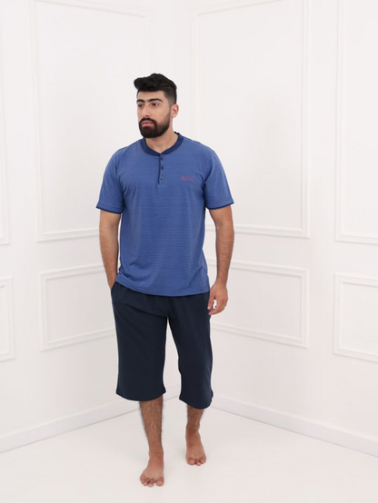 Pyjama homme bleu foncé manches courtes – Tenue maison confortable