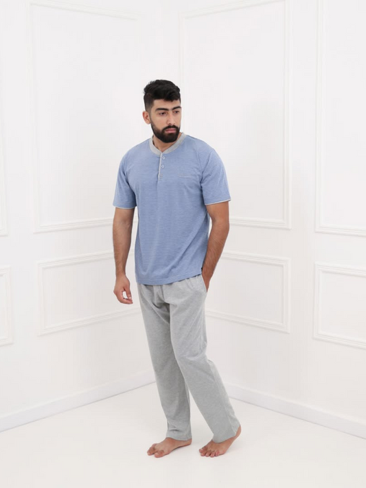 Pyjama homme à carreaux bleu et gris – Confort et élégance au Maroc