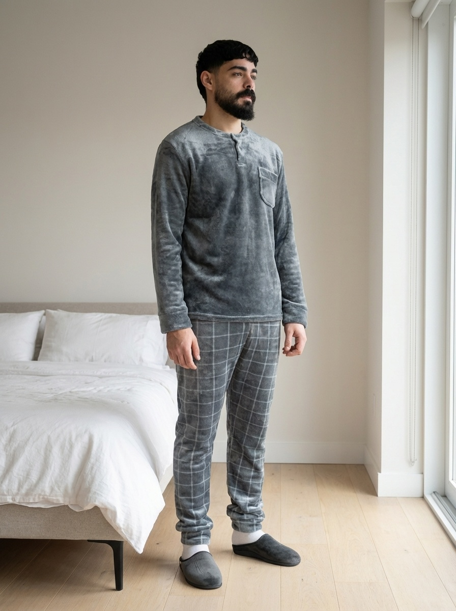 Pyjama homme gris à carreaux confortable pour l’hiver