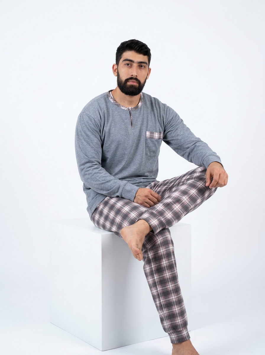 Pyjama Homme Gris & Carreaux – Printemps (KF47)