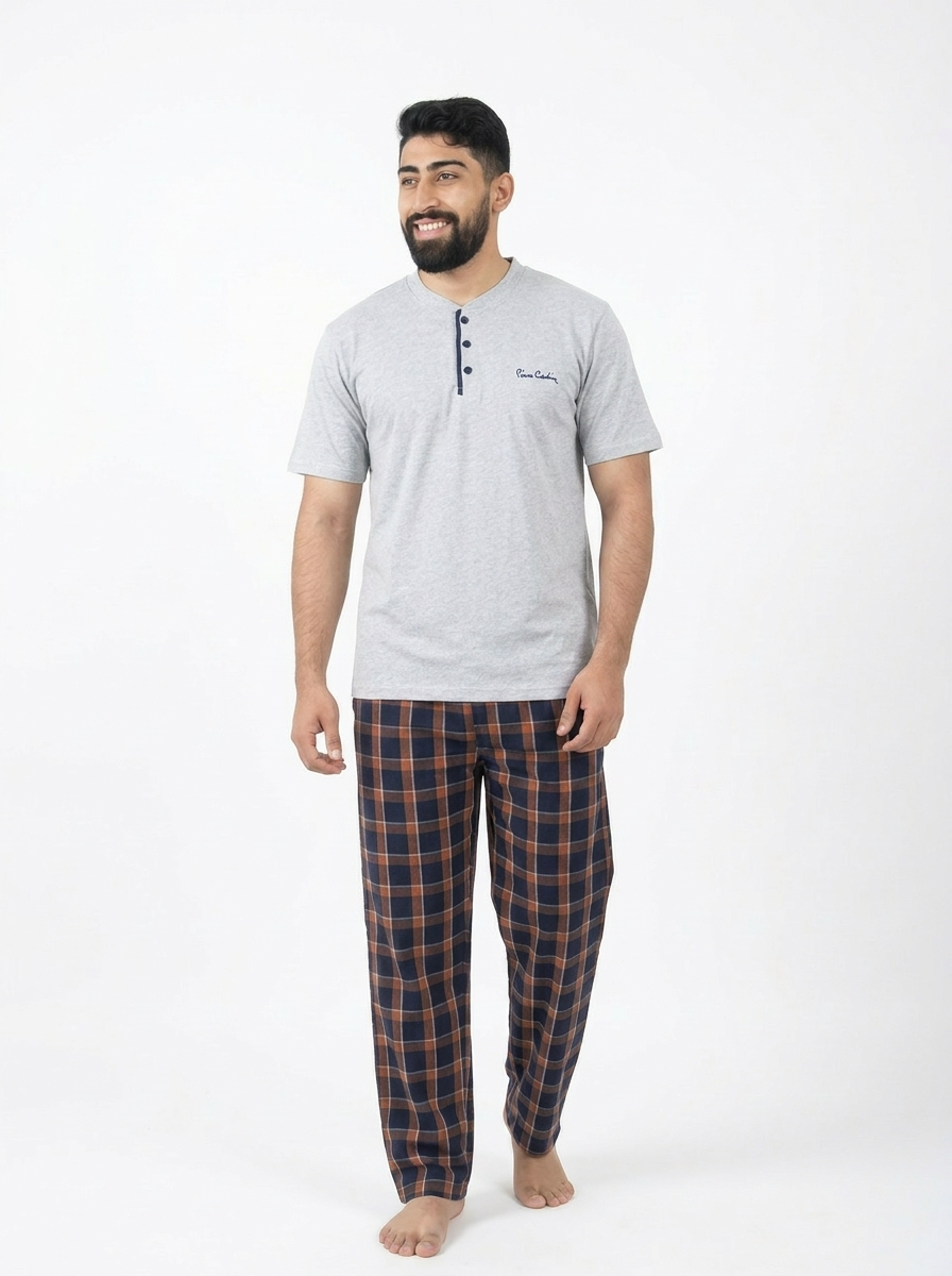 Pyjama Homme Gris Clair à Carreaux Bleu – Confort et Style