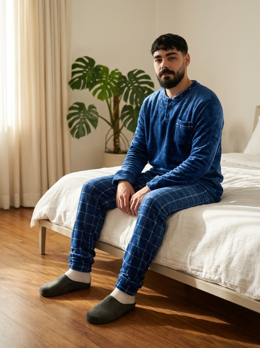 Pyjama homme bleu marine porté par mannequin – Maroc