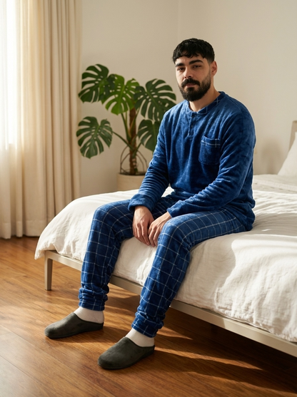 Pyjama homme bleu marine porté par mannequin – Maroc