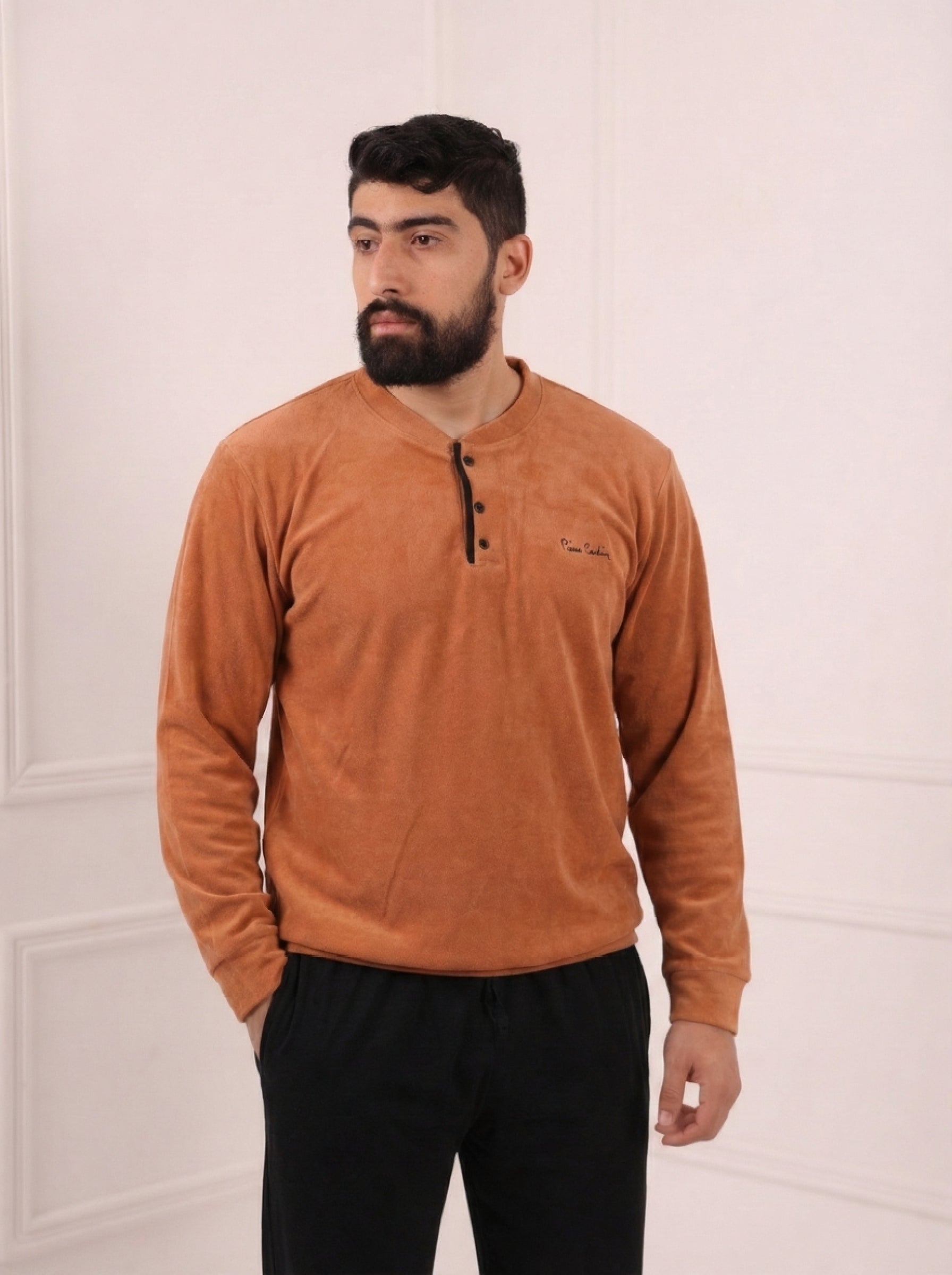 Pyjama homme orange terracotta manches longues en velours