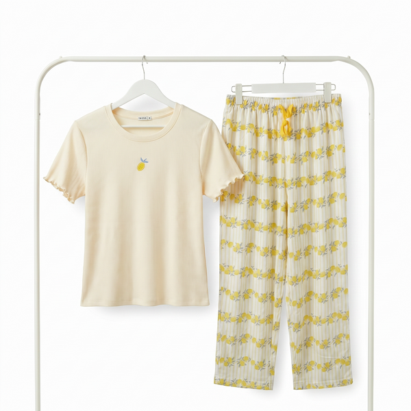 Pyjama Femme Crème & Jaune – Importé d’Espagne 🇪🇸